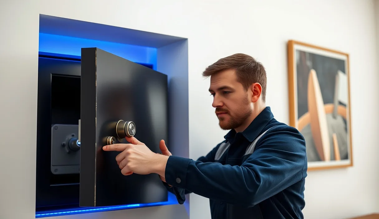 Técnico realizando apertura de caja fuerte empotrada en pared