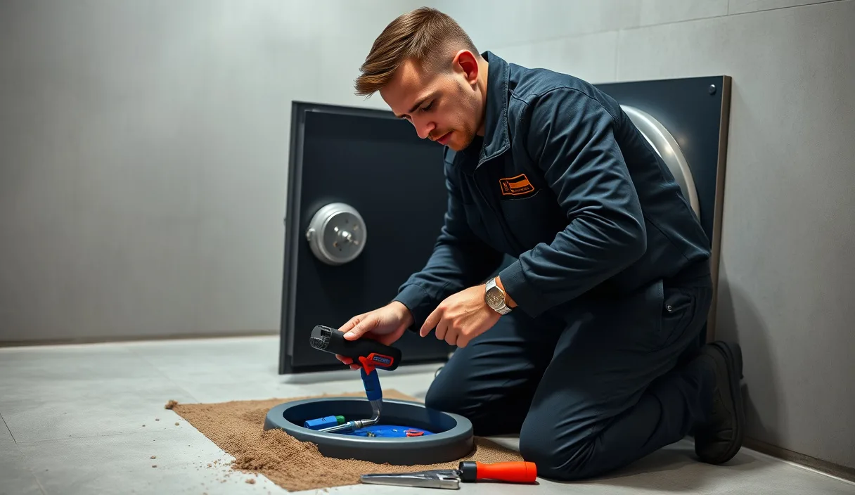 Técnico realizando apertura de caja fuerte empotrada en suelo
